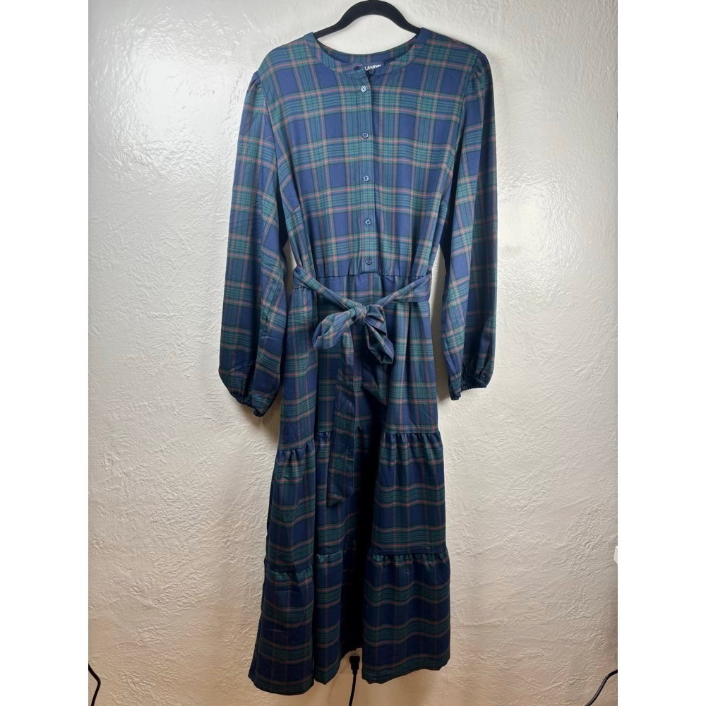 New Lands' End Flannel Tiered Dress Blue Plaid XXL Cottagecore Christmas Preppy